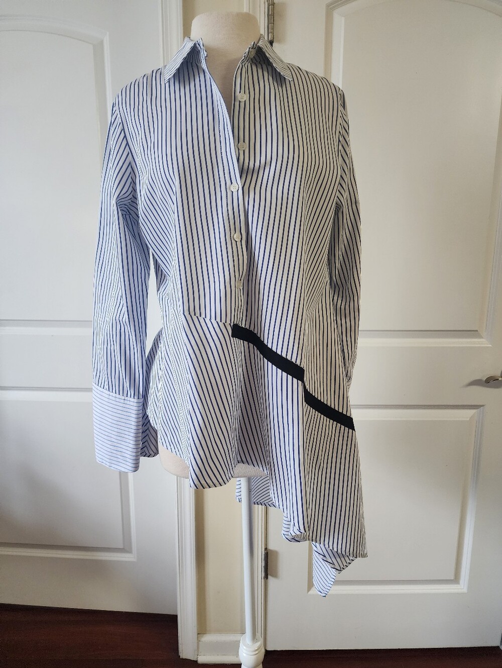 Asymmetrical Striped Button-Up Shirt — White with Navy Stripes